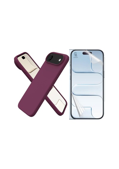 Apple Uyumlu iPhone 17 Air Içi Kadife Lansman Kılıf Ve Seramik Tam Kaplayan Cam Ekran Koruyucu Koyu Mor