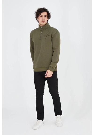 Erkek Yarım Fermuarlı Baskılı 3 İplik Pamuklu Sweatshirt - Yeşil YESIL