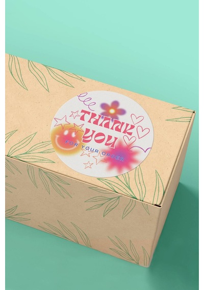 Thank You Teşekkür Etiketi Y2k Gülen Yüz Kalp Yıldız Desen Sticker 3x3cm St2053 Çok Renkli