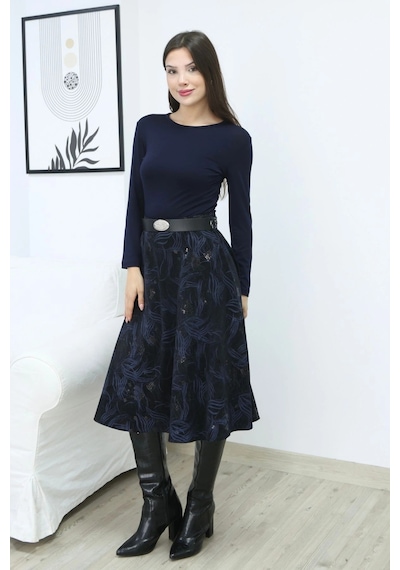 Lodmela Baskılı Ve Kemerli Kadife Etek 6069-siyah/indigo Siyah/indigo