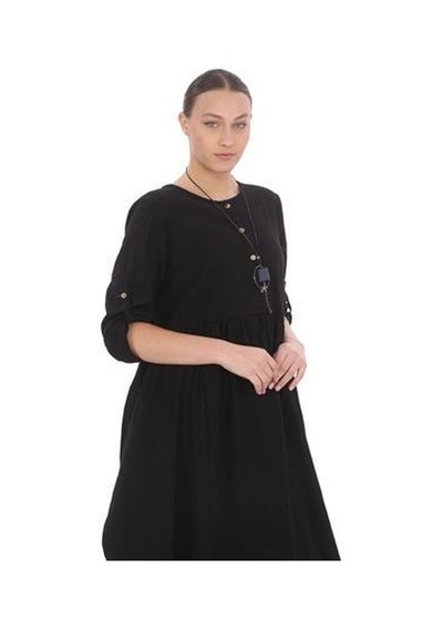 Bohem Stil Uzun Kol Yuvarlak Yaka Keten Balon Elbise Siyah