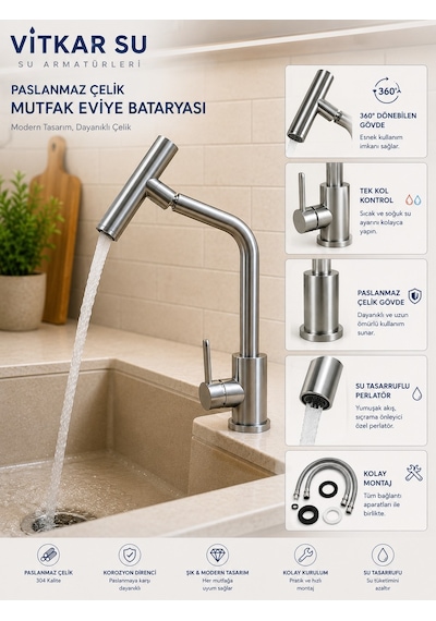 Paslanmaz Çelik Mutfak Eviye Bataryası Tek Kollu Modern Evye Musluğu Inox