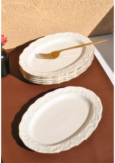 6 Adet Porselen Yaldızlı Orta Boy Kayık Tabak 23 Cm Meze Sunum Tabağı Gold