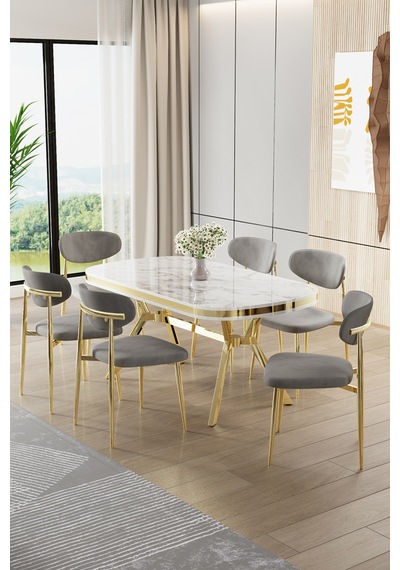 Canisa Olya Serisi 90x168 Lak Panel Beyaz Mermer Desen Masa Takımı Gold Ayaklı 6 Gri Sandalye Masa Beyaz Mermer Gri Sandalye Canisa Olya Serisi 90x168 Lak Panel Beyaz Mermer Desen Masa Takımı Gold Ayaklı 6 Gri Sandalye Masa Beyaz Mermer Gri Sandalye