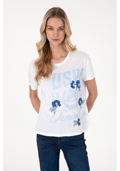 U.S. Polo Assn. Kadın Beyaz Desenli Bisiklet Yaka Tişört 50299670-VR013