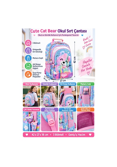 Okul Sırt Çantası Pembe Cute Cat Bear 3 Bölmeli Ortopedik Matara Cepli 42x27x18cm Çok Renkli