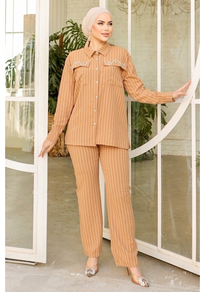 Bestenur Taşlı Keten Tunik Pantolon İkili Takım 834 - Vizon Vizon