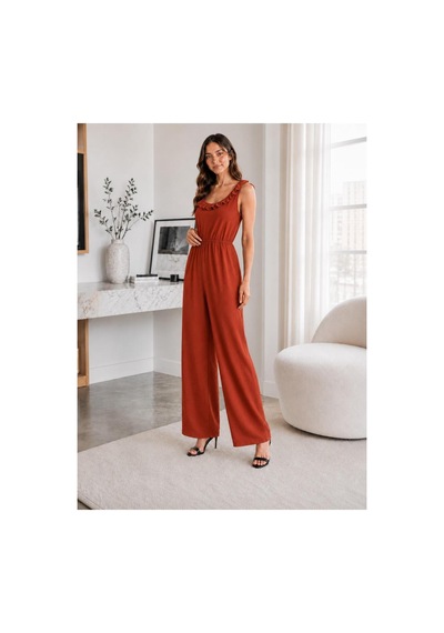 Unika Boutique Kadın Bürümcük Askılı Fırfırlı Bol Paça Tulum Kiremit