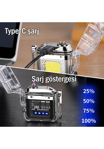 Valkyrie Ip56 Su Geçirmez Çift Arc Elektrikli Çakmak Type-c Şarjlı Işıklı & Güç Göstergeli Siyah