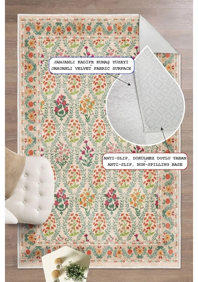 Modern Floral Desen Baskılı Kaymaz Yıkanabilir Salon Oturma Odası Mutfak Balkon Halısı Yolluk Bej