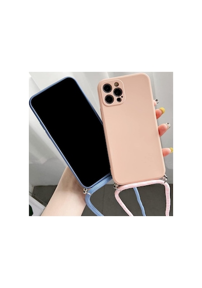 İphone 12/12 Pro İle Uyumlu Boyun Askılı Silikon Kılıf Viper İpli Telefon Kılıfı Pembe
