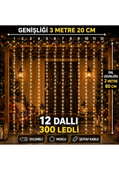 Yuksek Kalite Salkım Led Işık 3 Metre 20 Cm X 2 Metre 80 Cm 12 Dallı Gün Işığı Yılbaşı Noel Işığı
