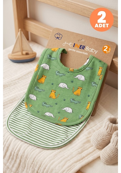 Just Inner Erkek Bebek 2'li Pamuklu Önlük Safari Ve Çizgili Desenli Çıtçıtlı Çift Katlı Cilt Dostu 584301 Yeşil