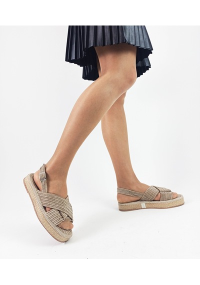 Gri Renk Çapraz Bantlı Hasır Triko Kadın Siyah Sandalet Gri