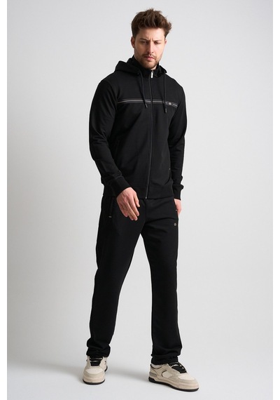 Shooter Sportswear Shooter Klasik Erkek Eşofman Takımı Çıkartılabilir Kapüşonlu Rahat Kalıp Siyah