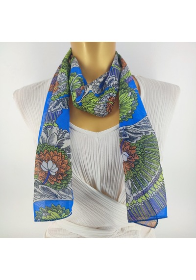 Tedz Collection Paredora Lotus Mavi Yeşil Uzun Fular Çok Renkli