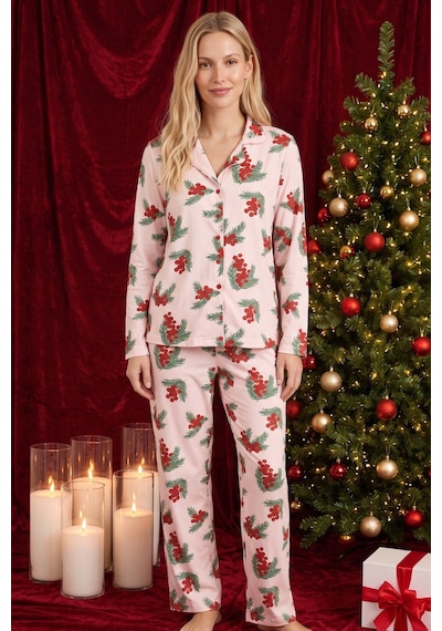 Siyah İnci Yılbaşı Temalı Desenli Termal Kumaşlı Ultra Soft Yumuşak Düğmeli Örme Pijama Takımı 26226114 Pembe