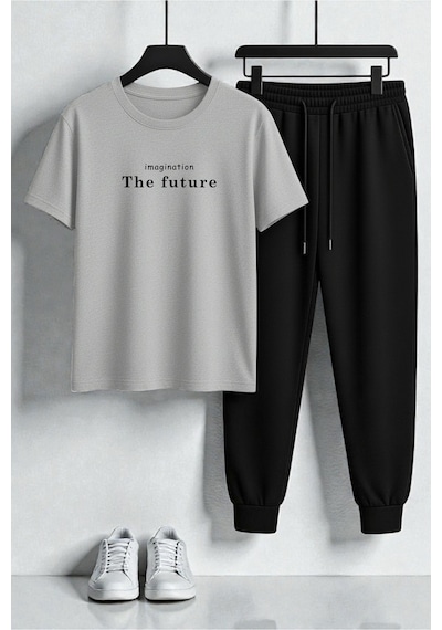 Uyguntarz Unisex The Future Tasarım Baskılı Tişört - 2'li Eşofman Takımı Gri