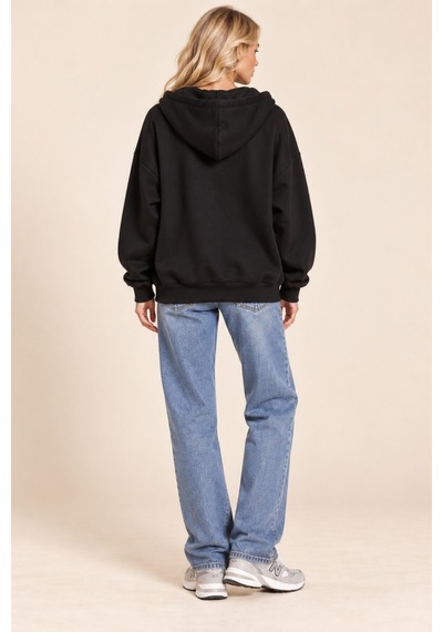 Cool Tarz Unisex Oversize Fermuarlı Kapüşonlu Sweatshirt 3 İplik Şardonlu Siyah Siyah