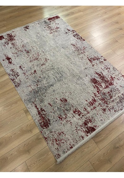 Sanat Halı Doku 1082 Gri Kırmızı Eskitme Desenli Makine Halısı Sarı