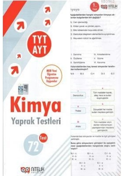 Nitelik Yayınları Yks Tyt Ayt Kimya Yaprak Test