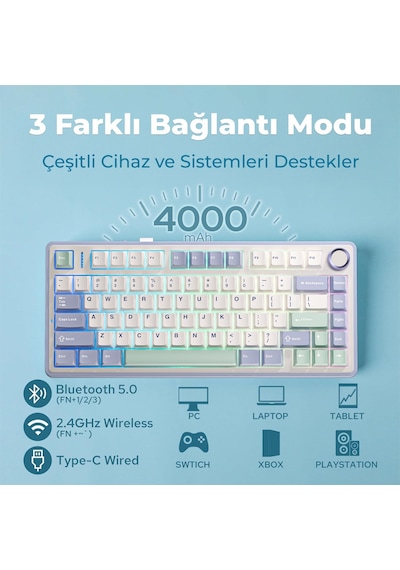 Aula F75 Mekanik Rgb Tkl Ice Vein Switch Kablosuz Makrolu Hot Swap Klavye Pastel