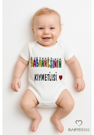 Babyden's Babaannesinin Kıymetlisi Yazılı Çıtçıtlı Bebek Body Tulum %100 Pamuk Kısa Kollu Zıbın Unisex Beyaz