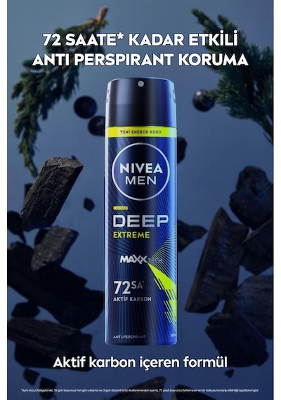 Men Erkek Sprey Deodorant Deep Extreme 150ml, 72 Saat Anti-perspirant Ter Koruma, Yeni Enerjik