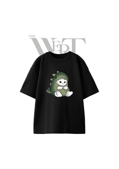 Thewert Dinozor Kedi Tasarım Baskılı Ünisex Siyah Oversize T-shirt