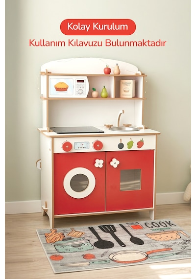 Rozitoys Ahşap Montessori Minimal Led Ocak Tasarımlı Çocuklar İçin Eğitici Mutfak 5977
