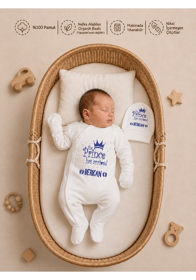 Pia Baby Erkek Bebek Yeni Doğan Tulum Seti 4 Lü %100 Pamuk İsimli Organik Baskılı Battaniyeli 2033btyx Krem