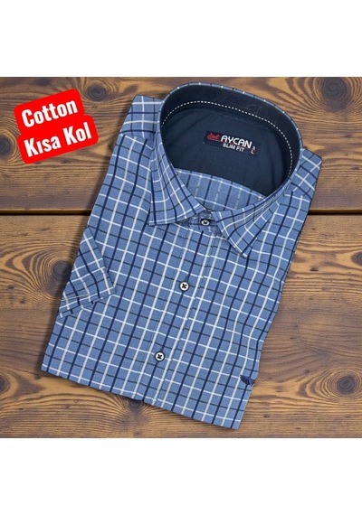 Slim Fit Ekose Pamuklu Kısa Kollu Cepsiz Gömlek Slim Fit Kalıp Mavi