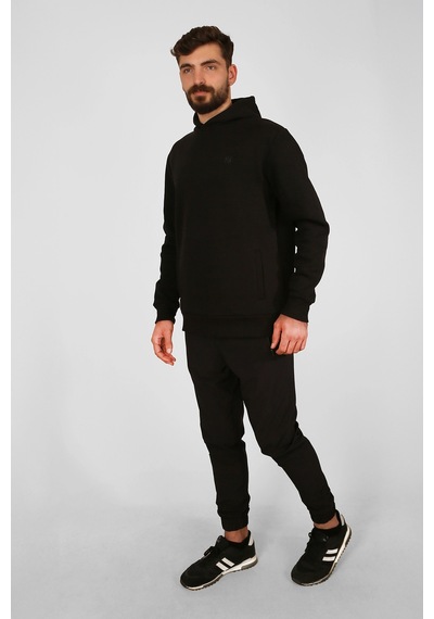 Nature The Brand Kapüşonlu Sweatshirt Fleto Cep Detaylı Reflektör Baskılı Şardonlu Siyah