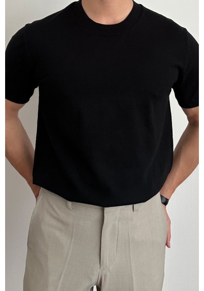 Cool Tarz Erkek Siyah Slim Fit Bisiklet Yaka Triko T-shirt Siyah Siyah