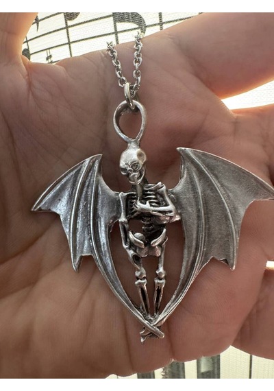 Gothic Kanatlı İskelet Figürlü Unisex Kolye 60 Cm Zincirli, Gotik Ve Karizmatik Tasarım Çok renkli