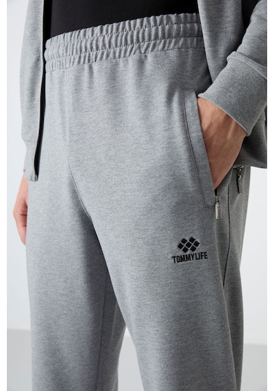 Tommy Life Gri Melanj Dik Yaka Fermuarlı Rahat Form Klasik Paça Erkek Eşofman Takımı - 85072 GRİ MELANJ