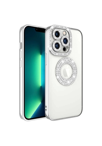 Apple Uyumlu iPhone 13 Pro Kılıf Kamera Korumalı Taş Süslemeli Arkası Şeffaf Redclick Asya Kapak - Gümüş
