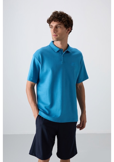 Tommy Life Petrol Mavi Pamuklu Kalın Yumuşak Dokulu Oversize Fit Basic Polo Yaka Erkek T-shirt - 88327 Petrol Mavi