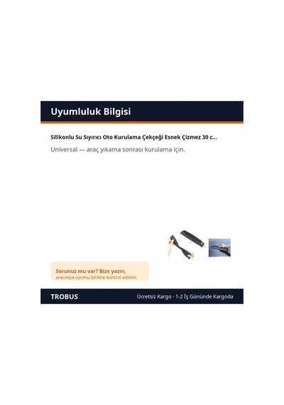 Trobus Silikonlu Su Sıyırıcı Oto Kurulama Çekçeği Esnek Çizmez 30 Cm Siyah