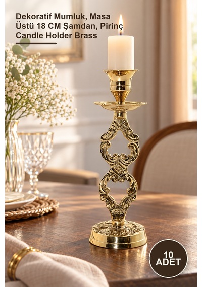 10 Adet Tekli Pirinç Şamdan Dekoratif Mumluk, Masa Üstü 18 Cm Şamdan, Pirinç Candle Holder Brass