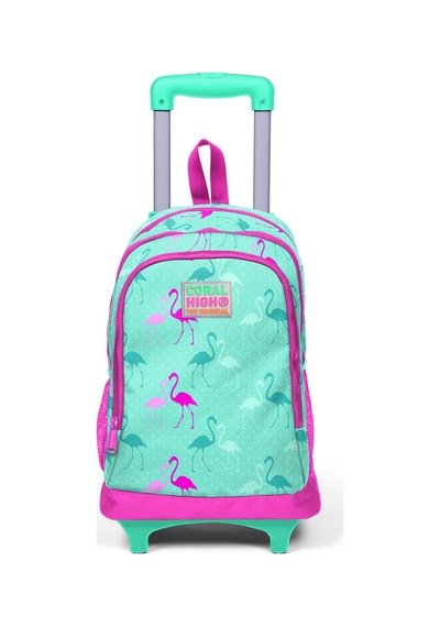 Coral High Kids Su Yeşili Neon Pembe Flamingo Desenli Üç Bölmeli Okul Çantası 23131