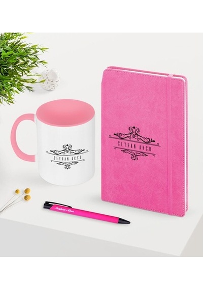 Kişiye Özel Isimli Pembe Defter Kalem Kupa Seti -8