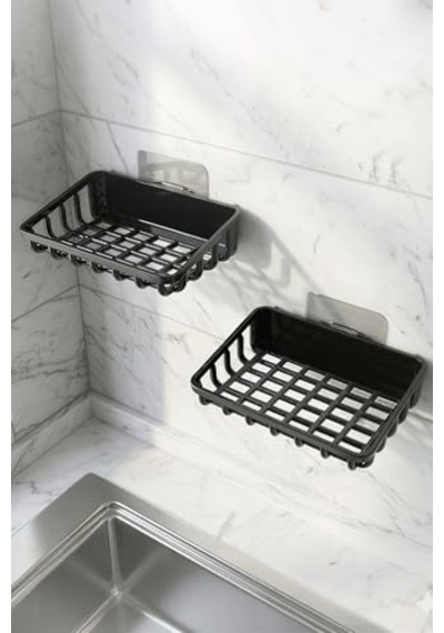 2'li Set Yapışkanlı Banyo Sabunluk, Katı Sabun Tutacağı, Lavabo Mutfak Katı Sabunluk Süngerlik Siyah Siyah Çok Renkli