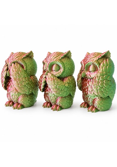Üçlü Görmedim Duymadım Söylemedim Baykuş Seti Renk Değişimli 3d Baskı Dekoratif Figür 9,5 X 6,5 Cm Pembe - Yeşil
