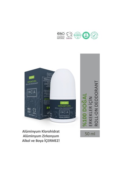 INCIA %100 Doğal Roll On Deodorant Erkekler İçin Ter Kokusu Önleyici Leke Yapmayan 50 ML