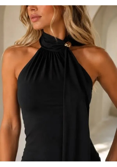 Park Karon Kadın Fular Detay Slim Fit Modal Örme Bluz 26054 Düz Siyah