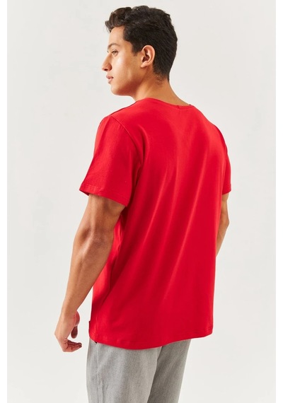 Erkek Oversize Rahat %100 Pamuklu Penye Bisiklet Yaka Kısa Kol Basic T-shirt Classic Collection Kırmızı