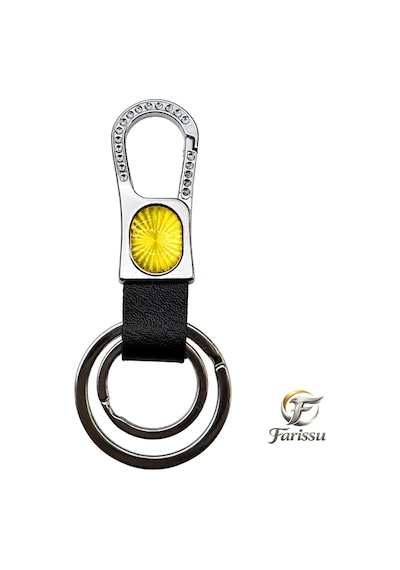 Premium Taşlı Karabina Kancalı Deri Anahtarlık - Sarı Reflektörlü & Çift Halkalı Gri