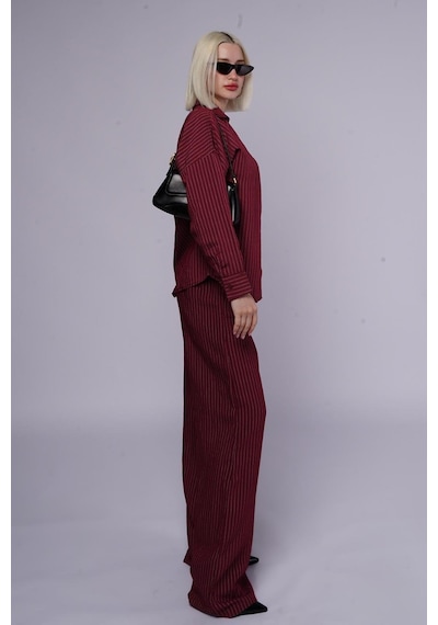Madmext Bordo Uzun Kollu Çizgili Gömlek Pantolon İkili Takım Mg2329 Bordo