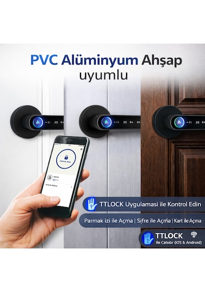 Şifreli Kartlı Telefondan Kontrol Pvc Alüminyum Ahşap Uyumlu Parmak İzli Akıllı Kapı Kolu Tt Lock